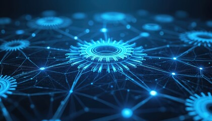 Abstract tech illustration of digital gears interconnected by lines. Futuristic network concept shows data flow process. Digital engineering tech background with glowing dots and circles