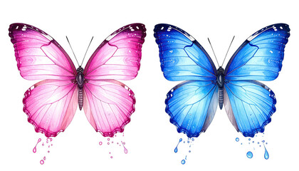 Obraz premium Two butterflies; pink and blue, droplet trail on a black background