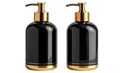 Two black dispensers w/ gold accents, front facing on black