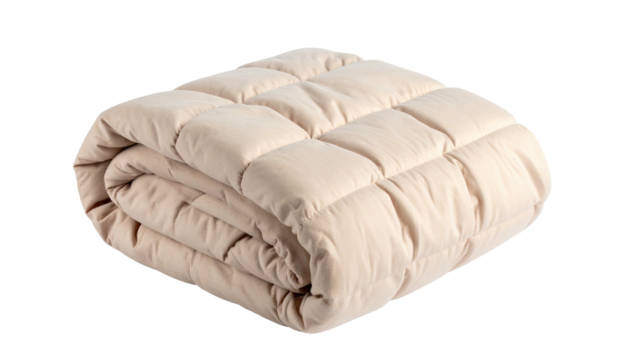 Folded, quilted beige blanket, grid pattern