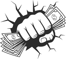 Fist Holding Money Breaking Wall Vector Illustration.