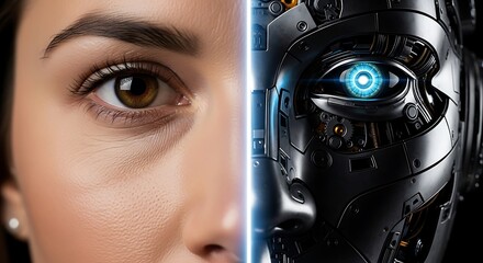 Concept illustrating fusion of human and artificial intelligence with split face showing eye and robotic components
