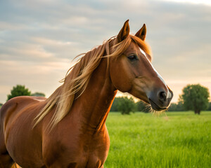 Fototapeta premium Serene Chestnut Horse Grazing in a Sunlit Meadow at Golden Hour