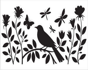 Elegant Floral and Bird Illustration in Black and White