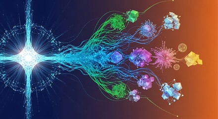 Complex data processing visualization conceptual abstract illustration of information branching into geometric forms