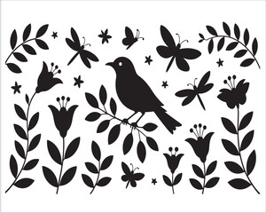 Decorative Nature Scene with Bird and Flowers