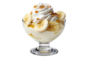 Banana pudding dessert with whipped cream and mint leaves in glass cup, isolated on white transparent background, concept of Papua New Guinea sweet treat