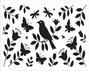 Beautiful black bird silhouette sitting on a branch surrounded by butterflies, leaves, and flowers, artistic vector design symbolizing nature, harmony, and freedom in decorative style