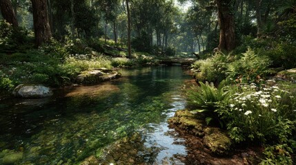 A lush green forest landscape with a crystal-clear stream, sunlight sparkling on the water, and ferns and wildflowers in the foreground.