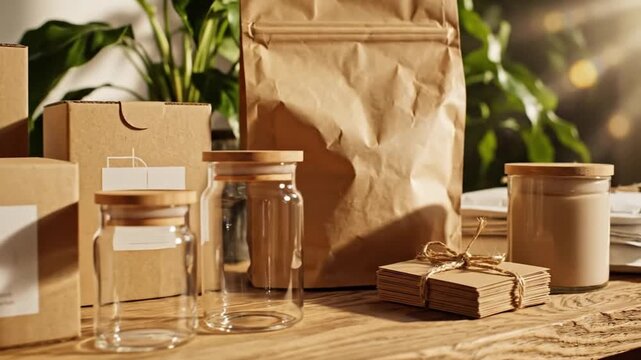 Assortment of sustainable packaging items on a table with a paper bag and green plants in the background, conveying an eco-conscious theme. 78288757 1
