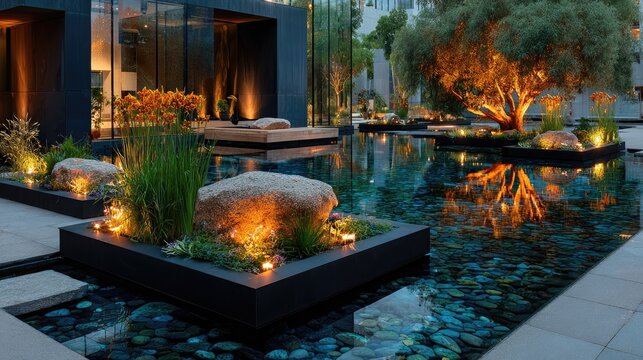 A modern minimalist garden landscape with geometric raised beds ornamental grasses and a still water feature