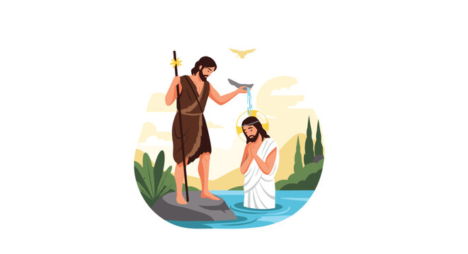 John the Baptist baptizes Jesus Christ in a river, symbolizing the Holy Spirit as a dove descends from above in this religious illustration.