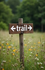 Wooden signpost says trail with arrows pointing both ways. Stands in vibrant meadow filled with wildflowers. Rich green forest provides soft background. Scene invites peaceful nature walk, offers