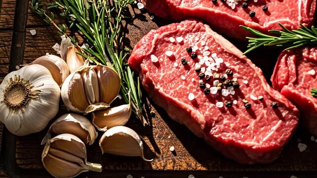 Close-up raw beef steaks ready for cooking with garlic cloves, rosemary, salt,