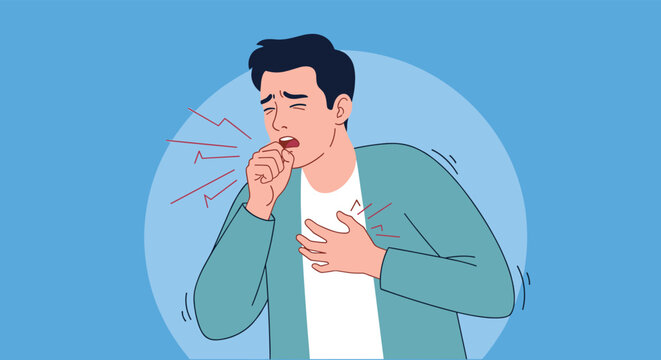 Unwell man coughing into his hand with discomfort in his chest, an illustration depicting symptoms of illness, flu, or allergy.