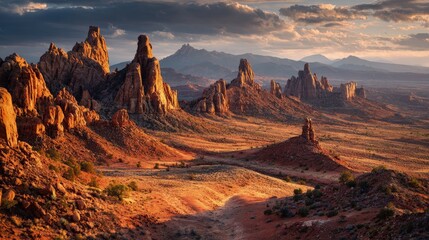 Epic landscape featuring a red-rock desert with towering spires sunset casting long shadows