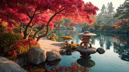 A serene Japanese garden landscape with a koi pond stone lanterns and vibrant maple trees in soft morning light