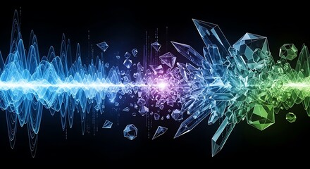 Dynamic wave energy causes digital data burst fracturing geometric crystal structures abstract visualization of quantum computing