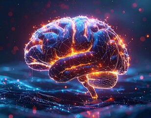 Fototapeta premium A glowing digital brain illuminated by neural connections, symbolizing advanced AI intelligence and the fusion of technology with human cognition.