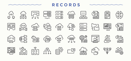 Records icon set. Thin UI icons. Contains such symbols as doc, document, paper, form. Pixel perfect. Vector illustration. Document icon pack.