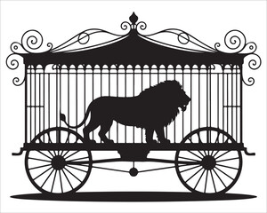 Silhouette of a majestic lion standing inside an ornate vintage circus cage wagon with decorative wheels and detailed iron bars, symbolizing strength, captivity, and classic entertainment history