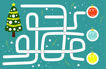 Christmas tree maze game for kids: help the ball reach the correct bauble ornament. Festive winter labyrinth puzzle, holiday activity worksheet for children.