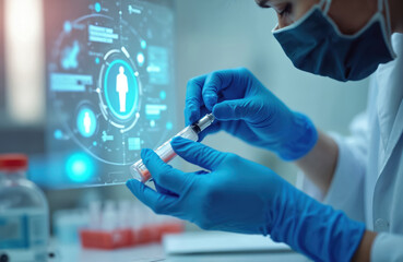 Scientist in blue gloves holds syringe near digital screen with human icons. Researcher prepares medical dose in lab, analyzing health data for vaccine development. Future medicine concept.