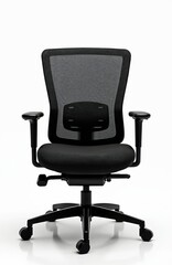 Black ergonomic office chair against white backdrop. Modern design furniture for business workspace. Comfortable seat for computer work. Contemporary interior object. Isolated chair design for office