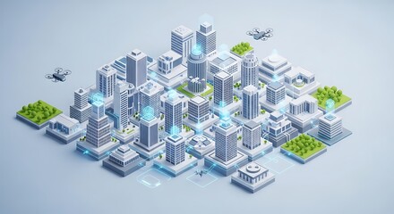 Futuristic Isometric Smart City Planning Displaying Advanced Urban Infrastructure Technology and Global Network Connectivity