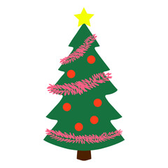 Cartoon Christmas tree decorated with colorful round baubles and yellow garland. Festive fir icon for winter holiday design, New Year cards, stickers, kids projects.