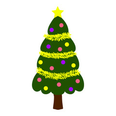 Cartoon Christmas tree decorated with colorful round baubles and yellow garland. Festive fir icon for winter holiday design, New Year cards, stickers, kids projects.