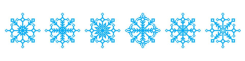 Geometric snowflakes set, icy winter background, snowfall, Christmas and New Year design elements for logos, holidays, winter decorations, advertising, presentations, festive vector illustration