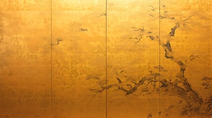 桜の水墨画が描かれた古い金屏風