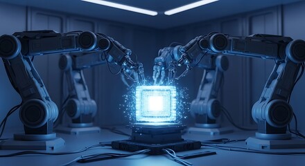 Industrial robotic arms working on glowing quantum computer chip in sterile laboratory environment future technology innovation
