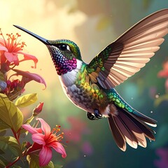 Hummingbird in Flight - A Vibrant Moment in Natures Embrace.