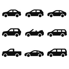 Fototapeta premium Variety of car icons: suvs, sedans, convertibles, trucks in black silhouettes