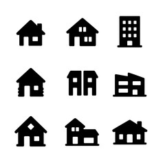 Fototapeta premium Collection of black silhouette building icons on gray background