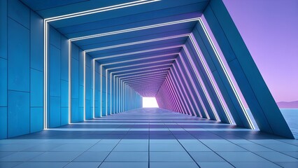 Obraz premium Futuristic Neon-Lighted Geometric Tunnel with Blue and Purple Gradient Leading to Bright Horizon in Modern Architectural Design