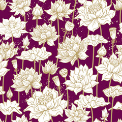 Seamless Lotus Flower Pattern in Vintage Botanical Style 