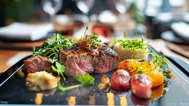 AR-enhanced restaurant menu displays realistic 3D food in upscale dining environment