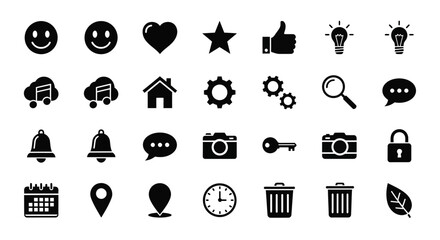 A comprehensive set of solid black glyph icons for website and mobile application user interface design on a white background