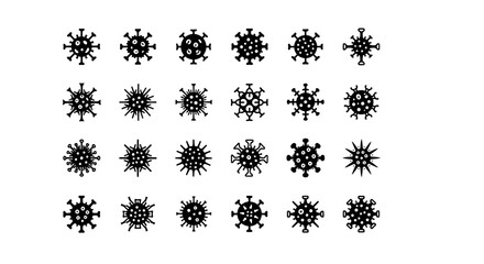 A collection of various black virus icons and pathogen symbols, a vector illustration set for medical and scientific design concepts