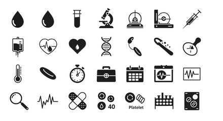 Hematology and laboratory analysis icon set. Vector glyphs for blood donation, dna research, and medical diagnostics