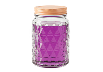 Isolated jar of purple liquid with a light brown cap, filled with a colorful beverage