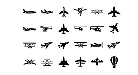 Diverse set of black aircraft silhouettes. A collection of vector icons including airplanes, jets, helicopters, and a hot air balloon