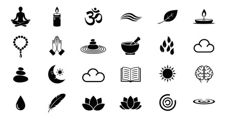 Mindfulness and Zen spirituality icon set featuring yoga poses, nature elements, and meditation symbols