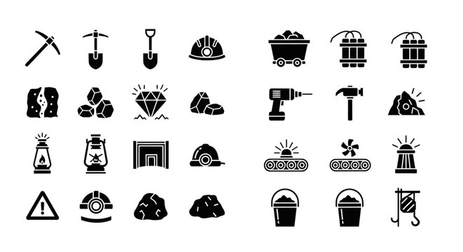 Mining industry solid icons collection, featuring tools like a pickaxe, coal, diamond, and dynamite. Vector glyph symbols set for industrial design