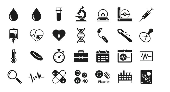 Hematology and laboratory analysis icon set. Vector glyphs for blood donation, dna research, and medical diagnostics