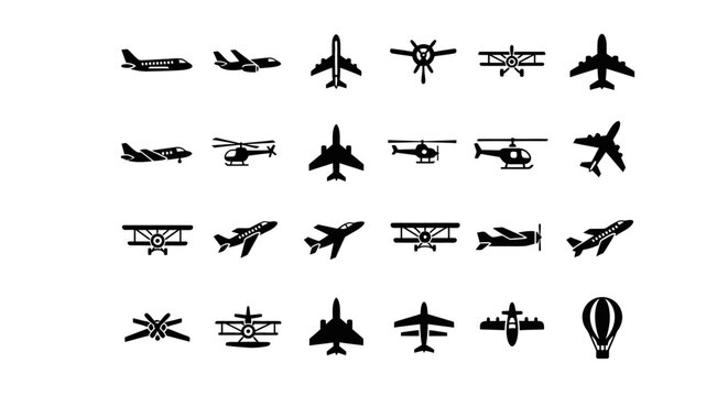 Diverse set of black aircraft silhouettes. A collection of vector icons including airplanes, jets, helicopters, and a hot air balloon