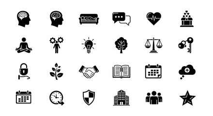 A versatile glyph icon set representing ingenuity in business, wellness, security, and digital innovation concepts